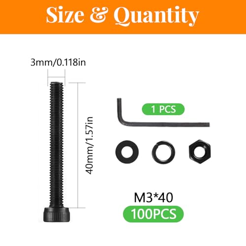 100 Pcs M3 x 40mm Socket Head Screws, Grade 12.9 Alloy Steel Fully Threaded Machine Screws, Metric Bolts Assortment Kit for Furniture Assembly - size: M3x40mm-100pcs
