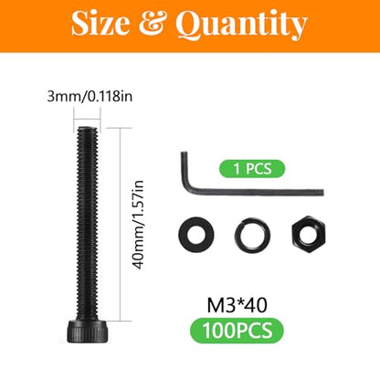 100 Pcs M3 x 40mm Socket Head Screws, Grade 12.9 Alloy Steel Fully Threaded Machine Screws, Metric Bolts Assortment Kit for Furniture Assembly - size: M3x40mm-100pcs