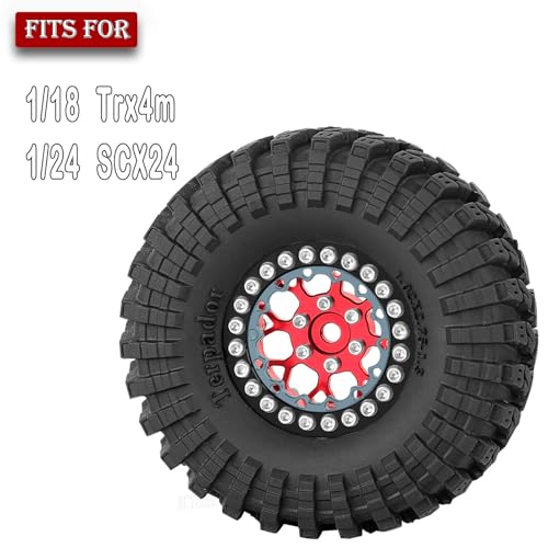 RC 1.3 Beadlock Wheel Tires Set (4PCS) for 1/24 SCX24 1/18 TRX4M RC Crawler Car,Aluminum 1.3 Beadlock Wheels and Tires,Wheel Rim,Red - color: Red- (Rc Wheels Tires)