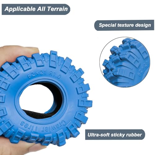1.0 Tires RC Crawler Tires 62 * 21mm Super Soft Sticky 1.0 Crawler Tyre with Foam Insert for 1/18 TRX4M 1/24 SCX24 FCX24 Upgrade (4PCS) (Blue) - color: Blue