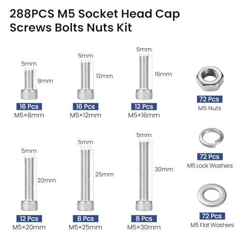 288 PCS M5 Screws Assortment Kit, 304 Stainless Steel M5 Bolts Kit, M5x 8/12/16/20/25/30mm, Hex Socket Head Cap Screws Bolts Nuts Washers Set - size: M5x 8/12/16/20/25/30mm