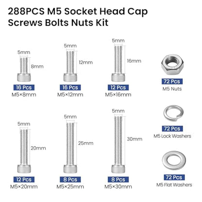 288 PCS M5 Screws Assortment Kit, 304 Stainless Steel M5 Bolts Kit, M5x 8/12/16/20/25/30mm, Hex Socket Head Cap Screws Bolts Nuts Washers Set - size: M5x 8/12/16/20/25/30mm