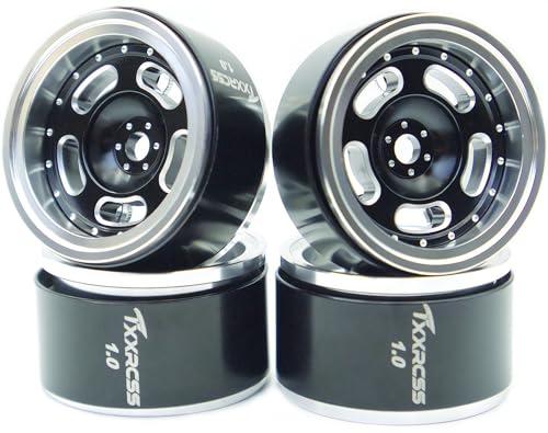 RC 1.0 Beadlock Wheels Offsets -2 Aluminum Rims for AX24 1/18 TRX4M All 1/24 Scale SCX24 Deadbolt RC Crawler Car Wheels Upgrades 4Pc (Black & Silver) - color: Black & Silver