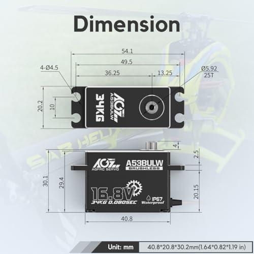 AGFRC A53BULW 34KG 16.8V Waterproof Low-Profile RC Servo | 0.08Sec Speed, 16.8V Direct Power, Brushless Motor, Programmable, Full Metal Gears, Fits 1/10 1/8 RC Cars