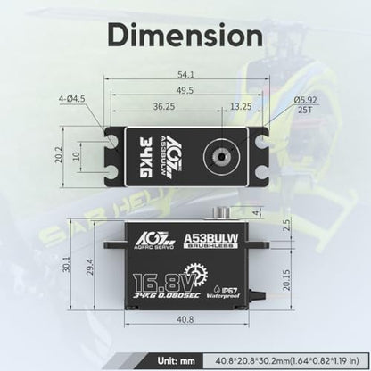 AGFRC A53BULW 34KG 16.8V Waterproof Low-Profile RC Servo | 0.08Sec Speed, 16.8V Direct Power, Brushless Motor, Programmable, Full Metal Gears, Fits 1/10 1/8 RC Cars
