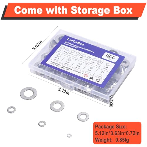 600 PCS Flat Washers for Screws and Bolts, 304 Stainless Steel Flat Washers Assortment Kit, 7 Sizes (M3 M4 M5 M6 M8 M10 M12) for Industrial and Home Use
