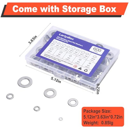 600 PCS Flat Washers for Screws and Bolts, 304 Stainless Steel Flat Washers Assortment Kit, 7 Sizes (M3 M4 M5 M6 M8 M10 M12) for Industrial and Home Use