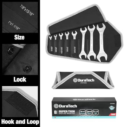 DURATECH Super-Thin Open End Wrench Set, SAE, 8-Piece, Slim Wrench Set | 1/4", 9/32", 5/16", 3/8", 11/32", 13/32", 7/16", 1/2", 9/16", 11/16", 3/4", 13/16", 7/8", 15/16", 1", 1-1/16", Rolling Pouch - color: Silver, size: SAE