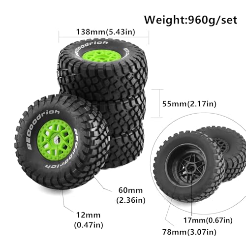1/8 RC Short Course Truck Tires And Wheels 17mm Hex OD 140mm 1/7 All Terrain Off Road Tyres For 1:7 1:8 RC Buggy Truck Car HSP TRAXXAS UDR DF7 FS Atom ARRMA Mojave YK4072 DF7 4PCS (Green) - color: Green
