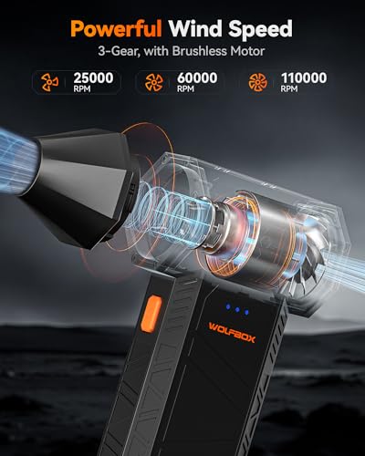 WOLFBOX MegaFlow 50 Compressed Air Duster, 110,000 RPM, 3-Gear Adjustable | Electric, Mini Blower, Fast Charging, Computer, Keyboard, House, Outdoor, Car, 0.45 lb Lightweight, 4 Nozzles