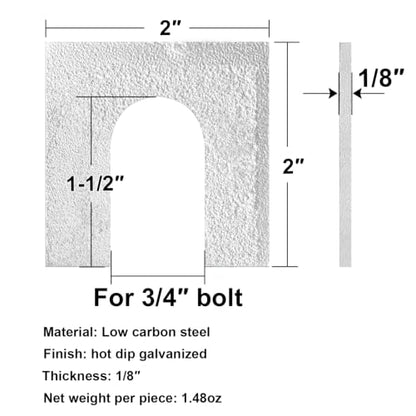 20 Pack 2" x 2" Metal Slotted Horseshoe Shims Washers, 1/8" Thick | for 3/4" Bolts