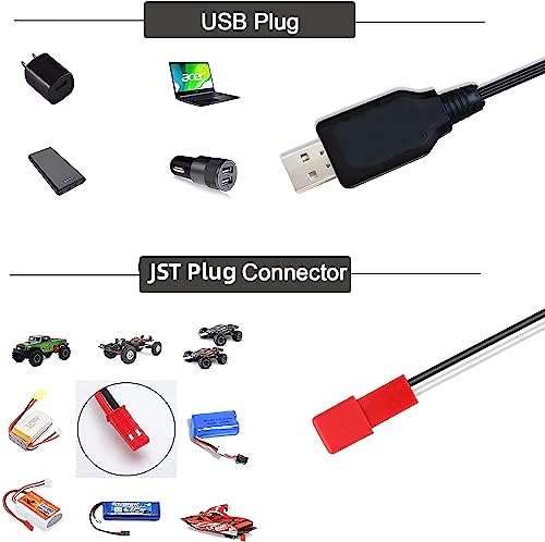 Universal Battery Charger Cable with JST Connector Plug for 3.7V 1S Lipo & 3.6V 3S Ni-MH/Ni-CD Battery Packs, Compatible with RC Car, Boat, Plane, Drone, Tank, Helicopter