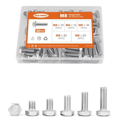 M8 x 10mm 12mm 16mm 20mm 25mm Heavy Duty Hexagon Bolts Hex Head Screws, 304 Stainless Steel, Machine Fully Thread, Metric, Bright Finish, Assortment Kit 50PCS - size: M8 x 10/12/16/20/25mm (50PCS)