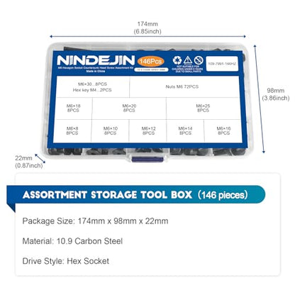NINDEJIN Metric M6 Screws Set, Hex Socket Flat Head M6 Screw Assortment Kit, 9 Lenght Screw Bolts and Hex Nuts, Carbon Steel, Allen Socket Drive, Black Parts - size: 146PCS M6 8mm-30mm