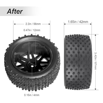 Hobbypark (4-Pack) 1/10 Scale Off Road Buggy Tires & Wheel Rims Set Front and Rear 12mm Hex Hubs with Foam Inserts for RC Hobby Car