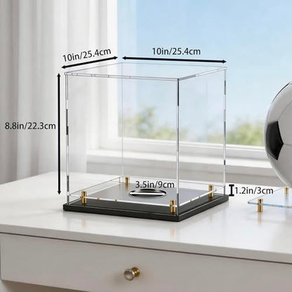 Acrylic Display Case with Raised Shelf & Ball Holder, Clear Display Box with Black Base & Gold Standoffs, Dustproof Showcase for Fullsize Football Soccer Volleyball – Easy Assembly (10×10×10 Inch) - size: 10"L x 10"W x 10"H (with Ball Position)