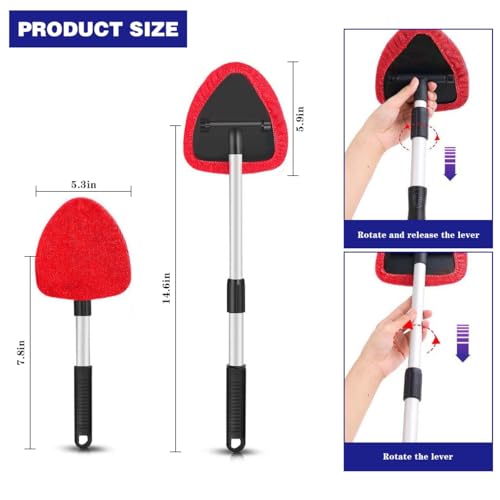 Car Windshield Cleaning Tool, Automotive Window Cleaner with 4 Reusable Washable Microfiber Pads & Extendable Handle, Vehicle Glass Wiper Kit, Universal for RV, SUV, Truck (Red) - color: Red