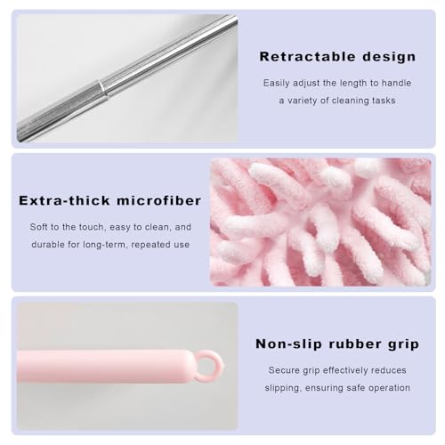 2PCS Car Interior Duster with Extension Pole, 11.8" to 30.5" Retractable Duster Washable Long Handle Cleaning Tool, Soft Chenille Detailing Brush for Auto Dash Vent Window (Light Pink) - color: Light Pink