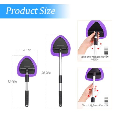 Windshield Cleaning Tool, Car Window Cleaner with Extendable Long Handle and 4 Washable Reusable Microfiber Pads, Auto Interior Exterior Glass Wiper Cleaning Kit Universal for Office and Home (Pueple) - color: Pueple