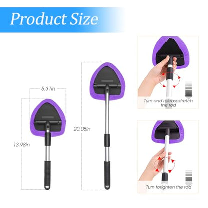 Windshield Cleaning Tool, Car Window Cleaner with Extendable Long Handle and 4 Washable Reusable Microfiber Pads, Auto Interior Exterior Glass Wiper Cleaning Kit Universal for Office and Home (Pueple) - color: Pueple