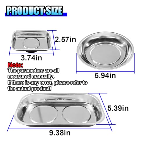 3PCS Magnetic Tray Holder, Stainless Steel Extra Strong Magnetic Bowl Parts Tray Set for Screws, Nuts, Bolts, Sockets, Pins – Mechanic Tool Metal Parts Organizer for Automotive Repair(Round&Rectangle)