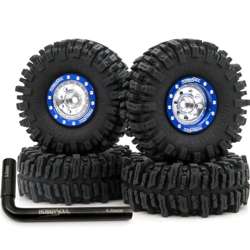 RC 64 * 25mm 1.0 Mud Slingers Tires Wheels Set, 1/24 1/18 RC 1.0 Tires Tyres & Metal 1.0 Beadlock Wheels +1mm / -3mm Offset Rims for RC Micro Crawler 1/24 SCX24 1/18 TRX4M - color: Blue & Silver