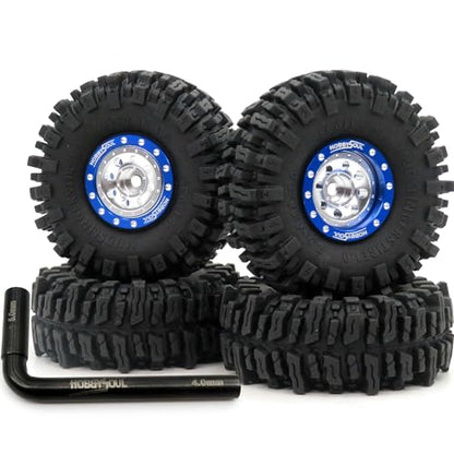 RC 64 * 25mm 1.0 Mud Slingers Tires Wheels Set, 1/24 1/18 RC 1.0 Tires Tyres & Metal 1.0 Beadlock Wheels +1mm / -3mm Offset Rims for RC Micro Crawler 1/24 SCX24 1/18 TRX4M - color: Blue & Silver