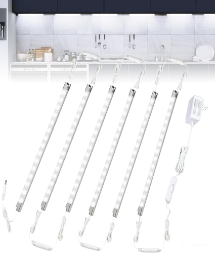Cefrank Led Light Strips Kit, (6) 12’’ Linkable Light Bars + Rocker Switch + UL Power Adapter, Under Cabinet Lighting for Locker Closet Shelf, Showcase Lighting, 6000K Cool White - color: White