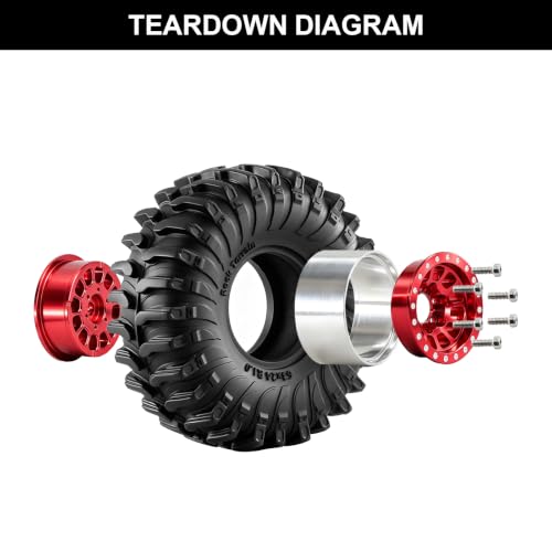 1.0" Beadlock Wheels and Tires for 1/24 Axial SCX24, 1/18 TRX4M RC Crawler (Red 357) - color: Red 357