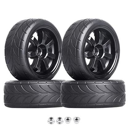 4PCS Width:1.02" (26mm) OD 2.56"(65mm) Rubber Tires & Wheel Rims 12mm Hex Hub For 1/10 Scale RC Vehicle On Road Touring Car
