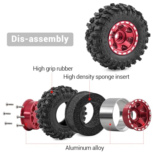 1.0" Beadlock Aluminum Wheels and 51mm Soft Rubber Tires | for SCX24, TRX4M, Ascent 18, FCX24, 1/18 1/24 RC Crawler, 7mm Hex, 0mm Offset, with Foam Inserts, (Red 101) - color: Red 101