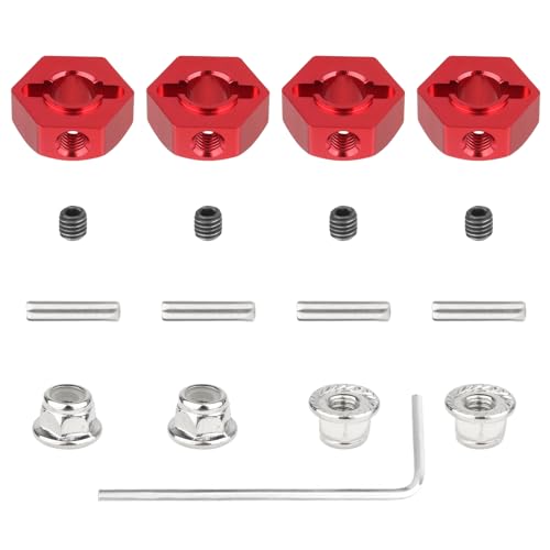 Hobbypark 12mm Wheel Hex Hubs 5mm Axle Hole Drive Adapter & M4 Lock Nuts for 1/12 1/10 RC Car Truck Buggy On Road RC Touring Racing Compatible with Traxxas Tamiya Redcat Axial Upgrades Parts (Red) - color: Red