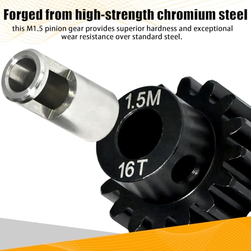 M1.5 16T Pinion Gear 8mm Bore with 8mm to 5mm Shaft Adapter Sleeve, Chromium Steel Motor Gear with Set Screw & Hex Key for Traxxas ARRMA Losi 1/5 1/8 RC Cars - size: 16T