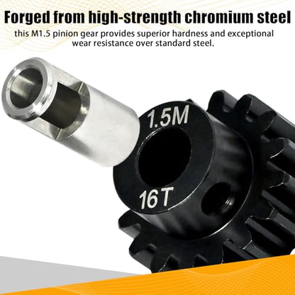 M1.5 16T Pinion Gear 8mm Bore with 8mm to 5mm Shaft Adapter Sleeve, Chromium Steel Motor Gear with Set Screw & Hex Key for Traxxas ARRMA Losi 1/5 1/8 RC Cars - size: 16T