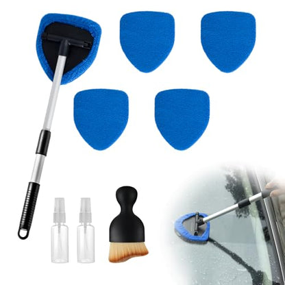 9 PCS Car Windshield Cleaner Tool Kit, Car Window Cleaner Windshield Cleaning Tool with Microfiber Pad Spray Bottle Detailing Brush and Extendable Handle, Auto Glass Wiper Kit Home Window, Blue