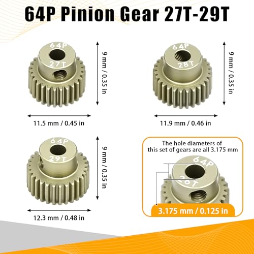 64P Pinion Gear 3.175mm Shaft 7075 Aluminum Alloy Motor Gears,0.6 Metric Pitch 27 28 29T with 1/8 Hole Pinion Gear Compatible with 1/10 Arrma HPI Kyosho Losi Axial Traxxas Tamiya RC Car - size: 27 28 29T