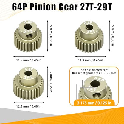 64P Pinion Gear 3.175mm Shaft 7075 Aluminum Alloy Motor Gears,0.6 Metric Pitch 27 28 29T with 1/8 Hole Pinion Gear Compatible with 1/10 Arrma HPI Kyosho Losi Axial Traxxas Tamiya RC Car - size: 27 28 29T