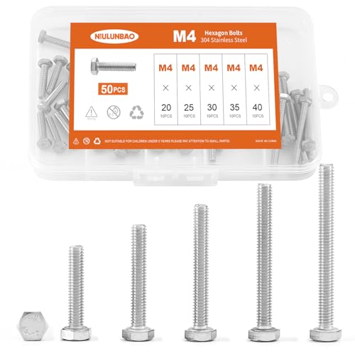 M4 x 20mm 25mm 30mm 35mm 40mm Heavy Duty Hexagon Bolts Hex Head Screws, 304 Stainless Steel, Metric Machine Fully Threaded, Bright Finish, Assortment Kit 50PCS - size: M4 x 20/25/30/35/40mm (50PCS)