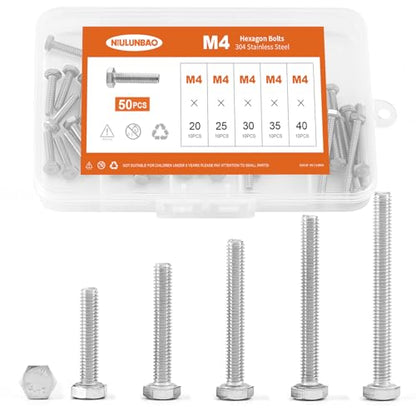 M4 x 20mm 25mm 30mm 35mm 40mm Heavy Duty Hexagon Bolts Hex Head Screws, 304 Stainless Steel, Metric Machine Fully Threaded, Bright Finish, Assortment Kit 50PCS - size: M4 x 20/25/30/35/40mm (50PCS)