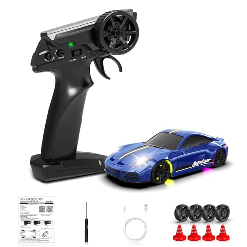 1/43 RC Drift Car, Mini Drifting RC Car with Gyro 2.4GHz Full Proportional Drift Cars 4WD RTR Remote Control Cars with Colorful Lights High Speed Fast Racing Vehicle Gift for Kids Boys Adults - color: Blue B