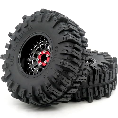 RC 2.2 Mud Slingers Tires 124mm Tall & 2.2 Beadlock Wheels Adjustable Offset 2.2 Rims Black For RC Mud Crawler Trail Gen7 Gen8 Everest 10 Axial Capra Wraith, (4-Pack, Assembled) - color: Black