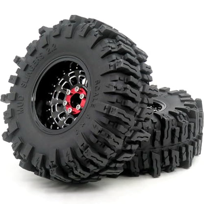 RC 2.2 Mud Slingers Tires 124mm Tall & 2.2 Beadlock Wheels Adjustable Offset 2.2 Rims Black For RC Mud Crawler Trail Gen7 Gen8 Everest 10 Axial Capra Wraith, (4-Pack, Assembled) - color: Black