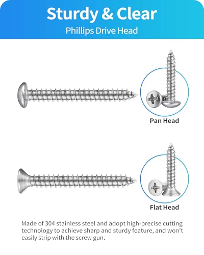 580Pcs 304 Stainless Steel Wood Screw Assortment Kit, M3/M4/M5/M6 Phillips Pan Head & Flat Head Sheet Metal Screws Self Tapping Screws Set,16 Sizes Assorted Screw (Silver 580PCS)