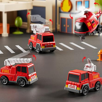 JUKUDAHU Fire Truck Toys for Kids Ages 3-5 - Carrier Vehicle Toy Set | Car Toys for Boys Ages 3+, Fire Toys, Kids Toys Truck Set for Ages 3-9, Birthday Gifts for Boys Girls - style: 5 IN 1 Fire Truck