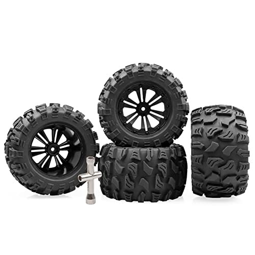 Aimrock 4pcs Pre-Glued 12mm Hex 2.8'' RC Wheels and Tires OD 5'' with Wrench for 1/10 Traxxas Hoss Stampede Rustler HSP Redcat Volcano RC Monster Truck Tires Wheels Off-Road RC Car