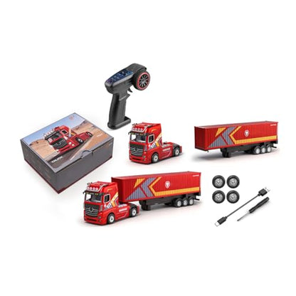 1/64 RC Container Truck Model, 2.4G 4WD Semi-Tractor Trailer with Independent Lifting Support Legs, Proportional Steering, 3-Speed Cruise Control & LED Sound System, Adult Desktop Hobbyist RTR (Red)