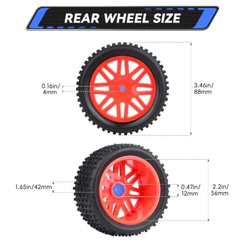 Preglued 12mm Hex Wheel Rims Rubber Tires with Foam Inserts OD 86mm/3.38" for Traxxas Bandit WLtoys 144001 Redcat 1/10 RC Off-Road Buggy Car, Set of 4 (Color C)