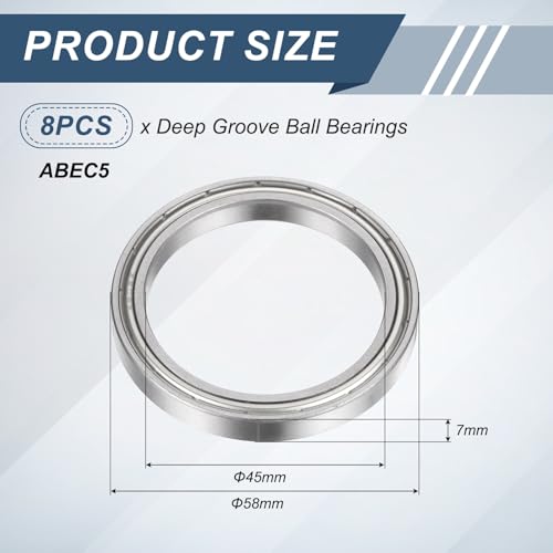 uxcell 8Pcs 6809ZZ 45mmx58mmx7mm Deep Groove Ball Bearings, Double Metal Shielded Bearing Steel ABEC5 High Performance for Industrial Machinery Precision Transmission, Silver - size: 6809ZZ 45mmx58mmx7mm