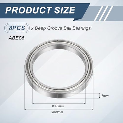 uxcell 8Pcs 6809ZZ 45mmx58mmx7mm Deep Groove Ball Bearings, Double Metal Shielded Bearing Steel ABEC5 High Performance for Industrial Machinery Precision Transmission, Silver - size: 6809ZZ 45mmx58mmx7mm
