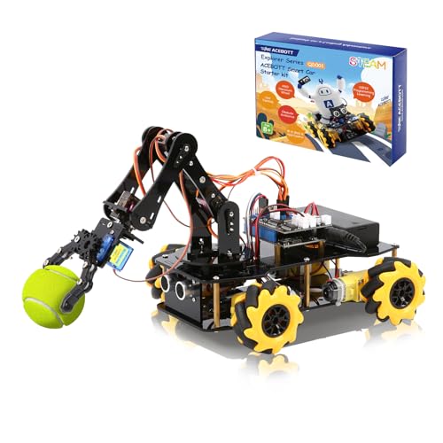 ACEBOTT 5DOF Smart Robot Arm Car Kit, 4WD Remote Control Car Compatible with Arduino/Python/Blockly Programming Project/STEM Education/Science Coding Kit for 12+ Teens and Adults Unique Gifts - color: Yellow